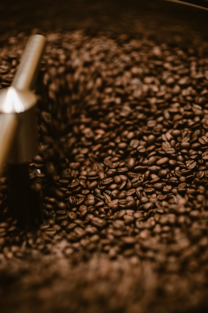 Detailed shot of coffee beans roasting, highlighting texture and motion.